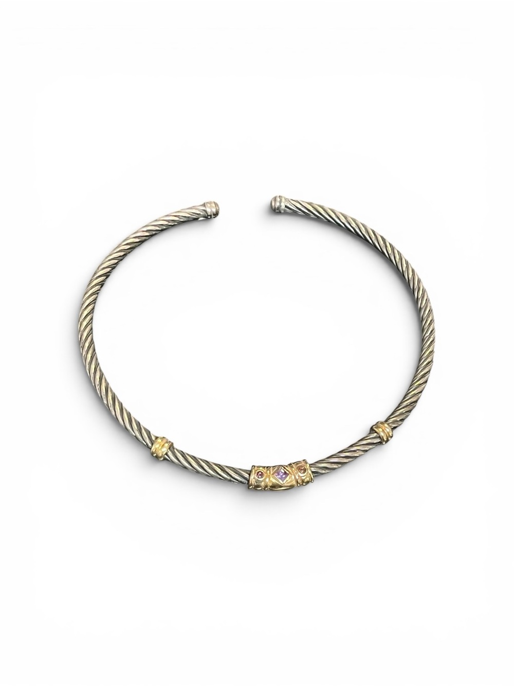 Bel Oro 14K Gold & 925 Sterlng Silver Amethyst Cable Choker Collar Necklace 15”